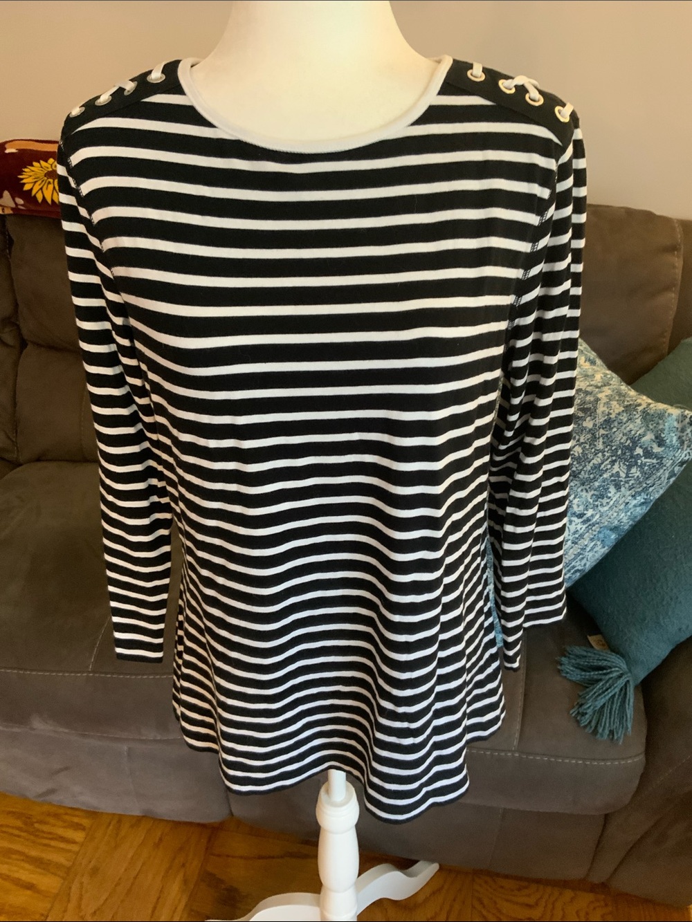 Chaps Black and White Striped Eyelet-Shoulder Top